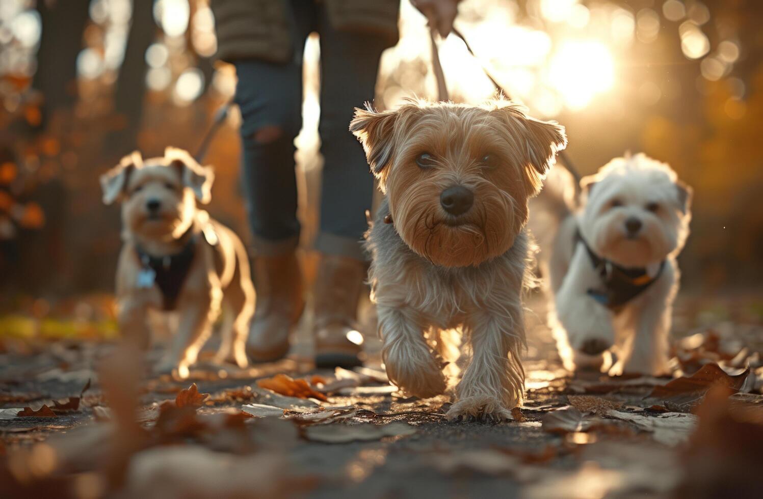 AI generated dogs who are walking with the person's hand on leashes photo