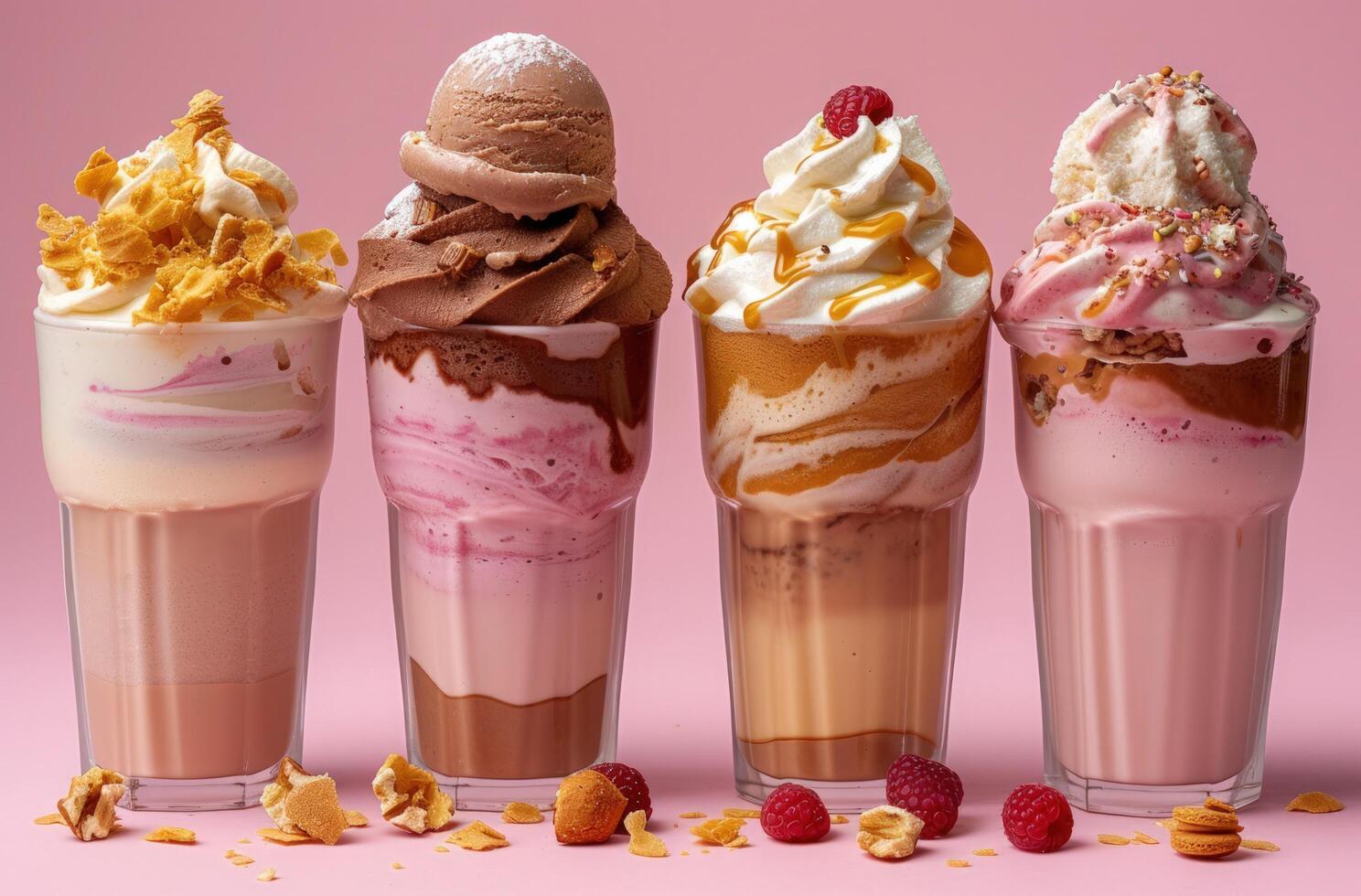 AI generated four desserts including snickers ice cream and milkshake photo