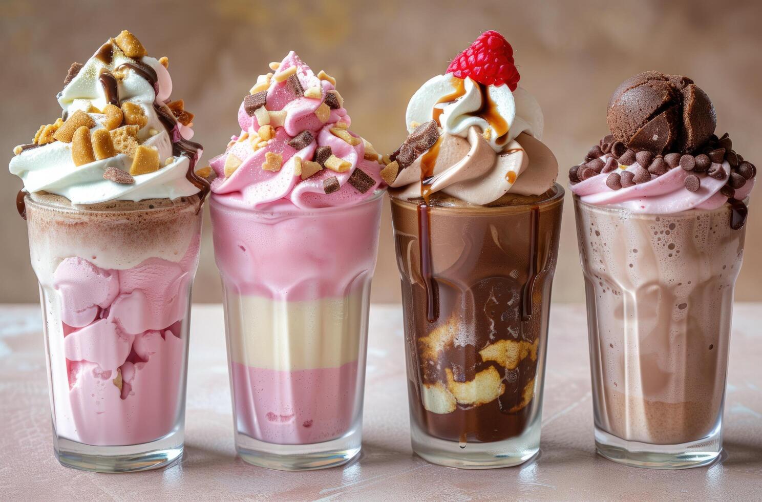 AI generated four desserts including snickers ice cream and milkshake photo