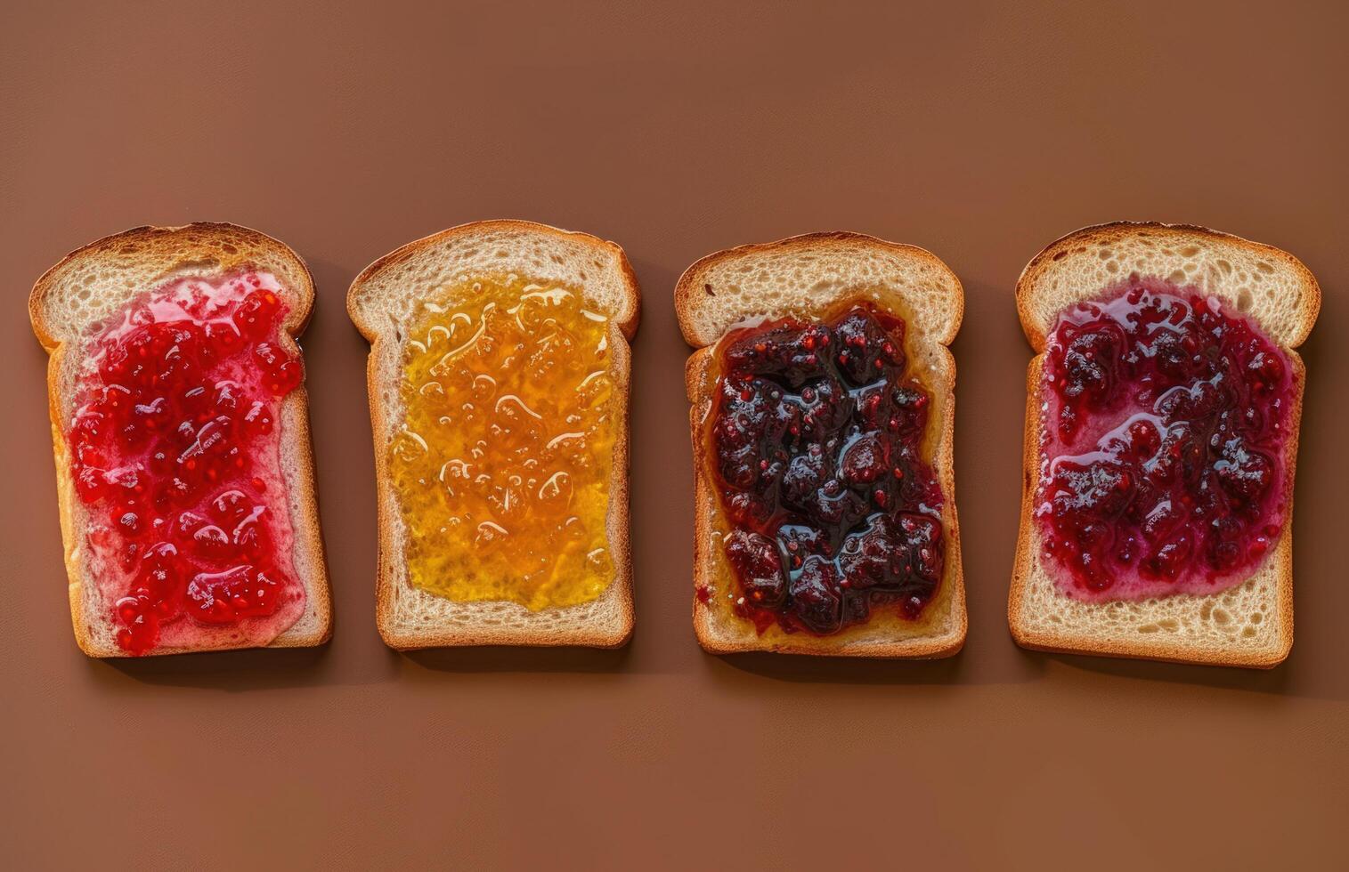 AI generated four slices of bread with four different jams on them photo