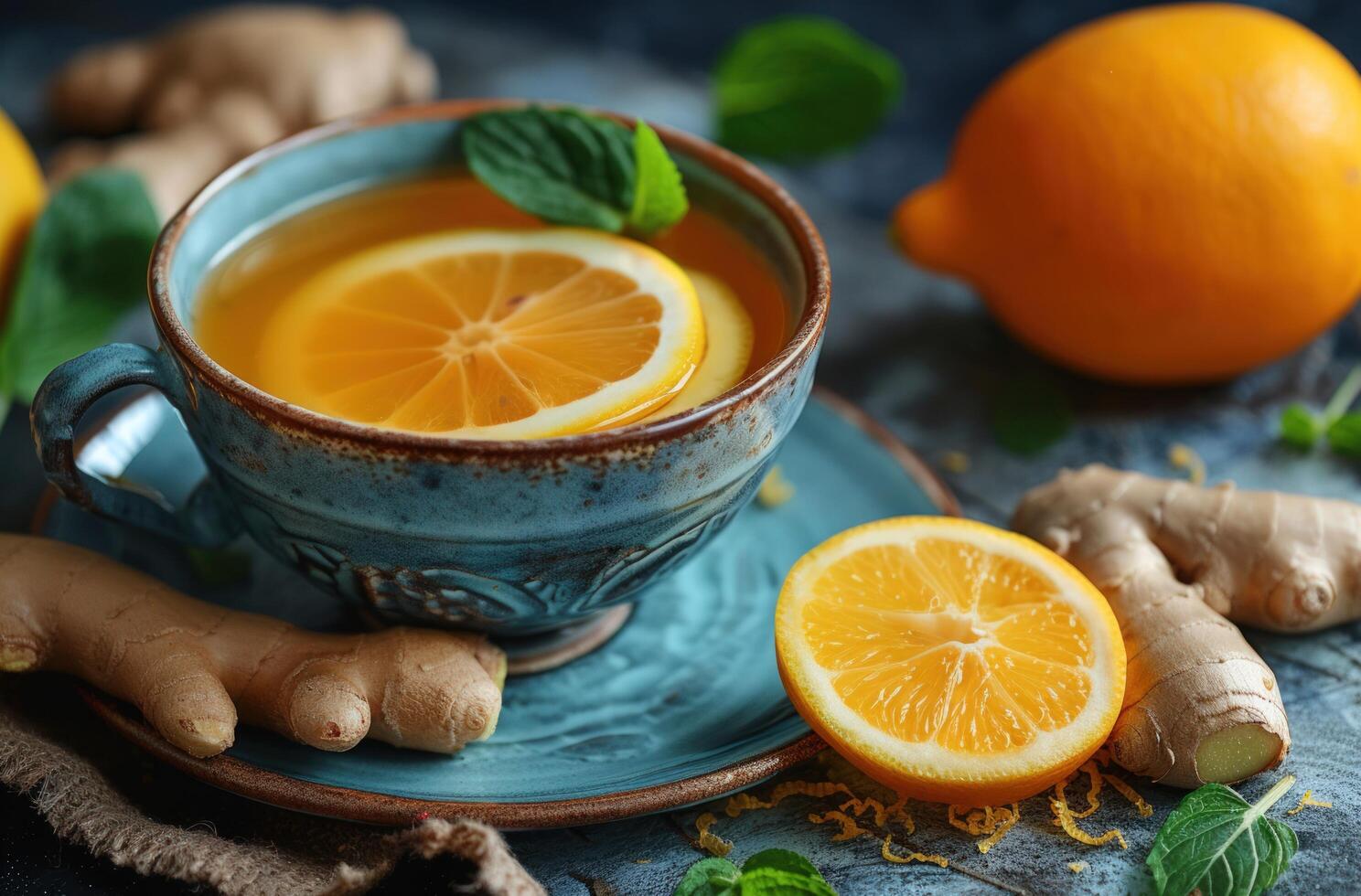 AI generated ginger tea with ginger root on a table with a slice of lemon on top of it photo