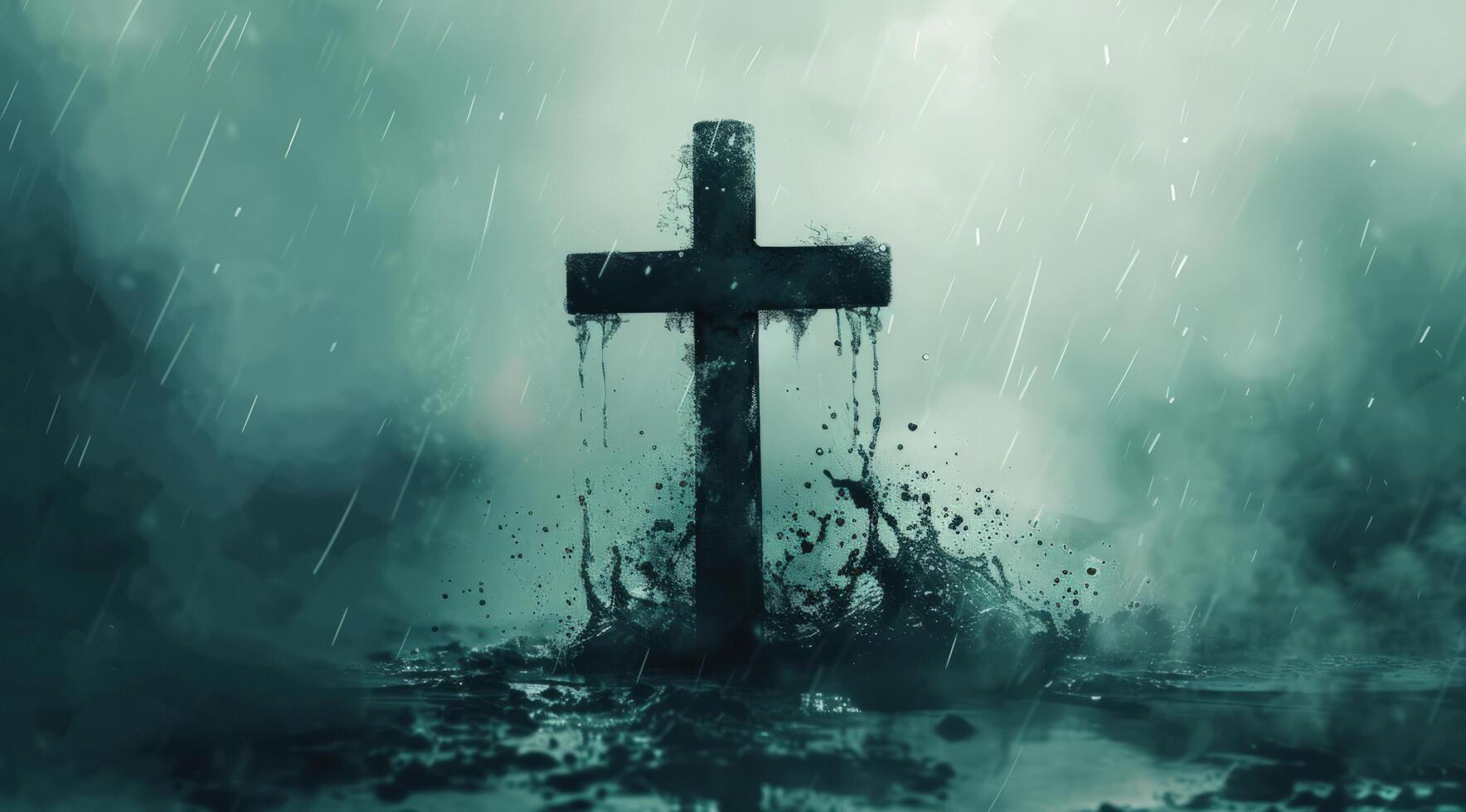 AI generated graphic of a cross with rain splashing photo