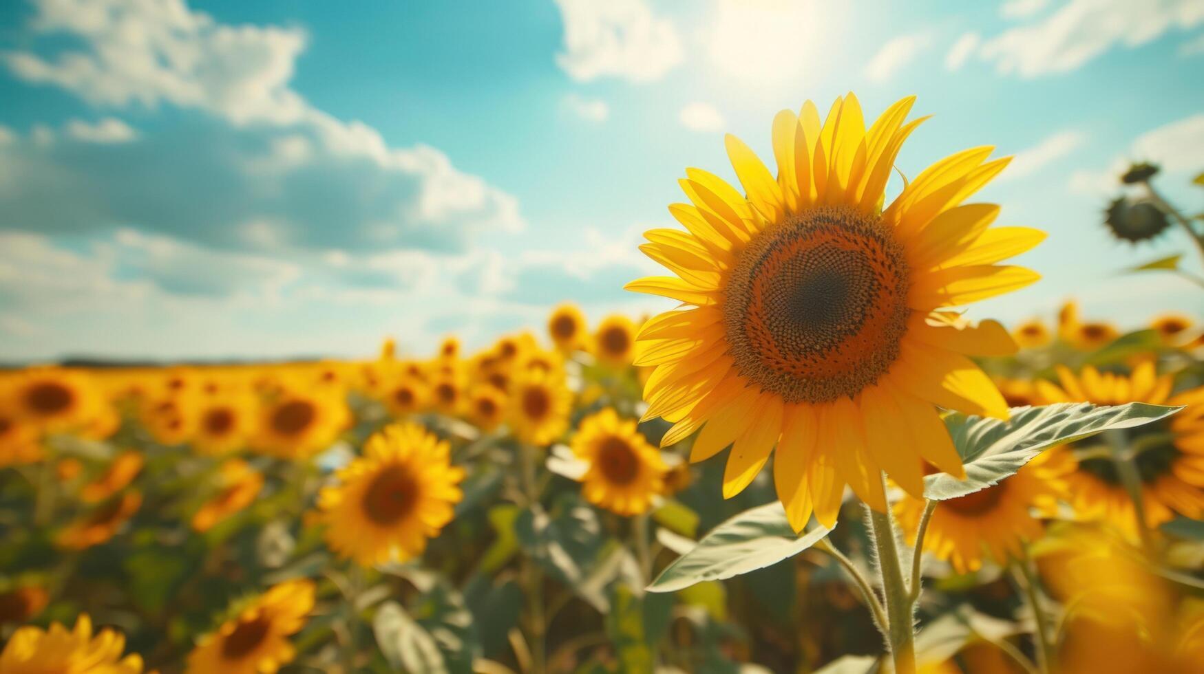 AI generated Majestic sunflowers swaying gracefully in a sun-drenched field against a backdrop of endless blue skies photo