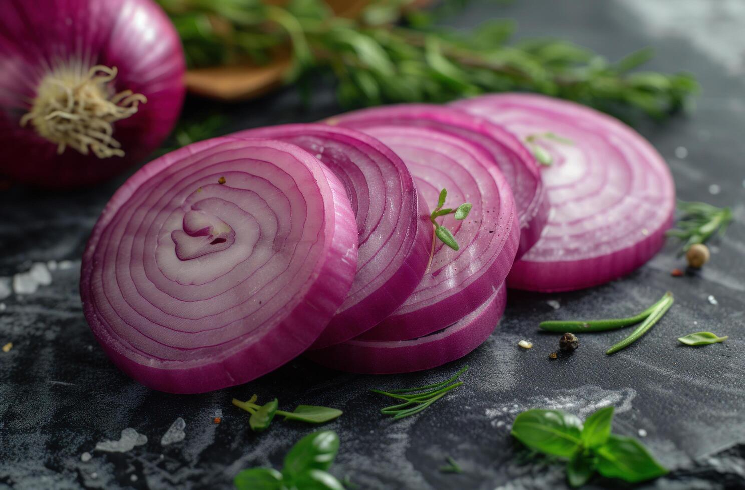 AI generated red onions, sliced, next to herbs, photo