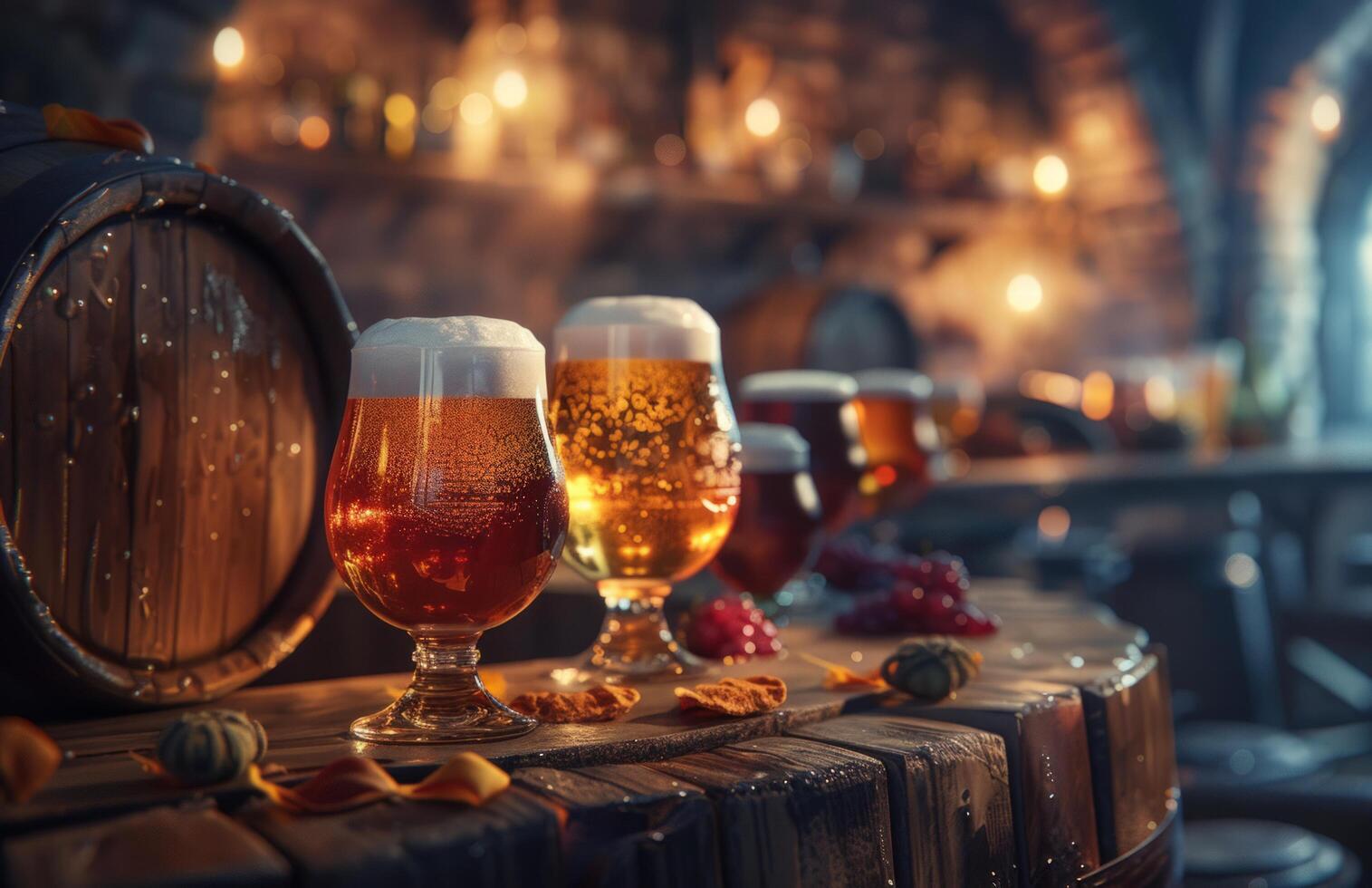 AI generated several glasses of beer sit next to a barrel on a wooden background photo