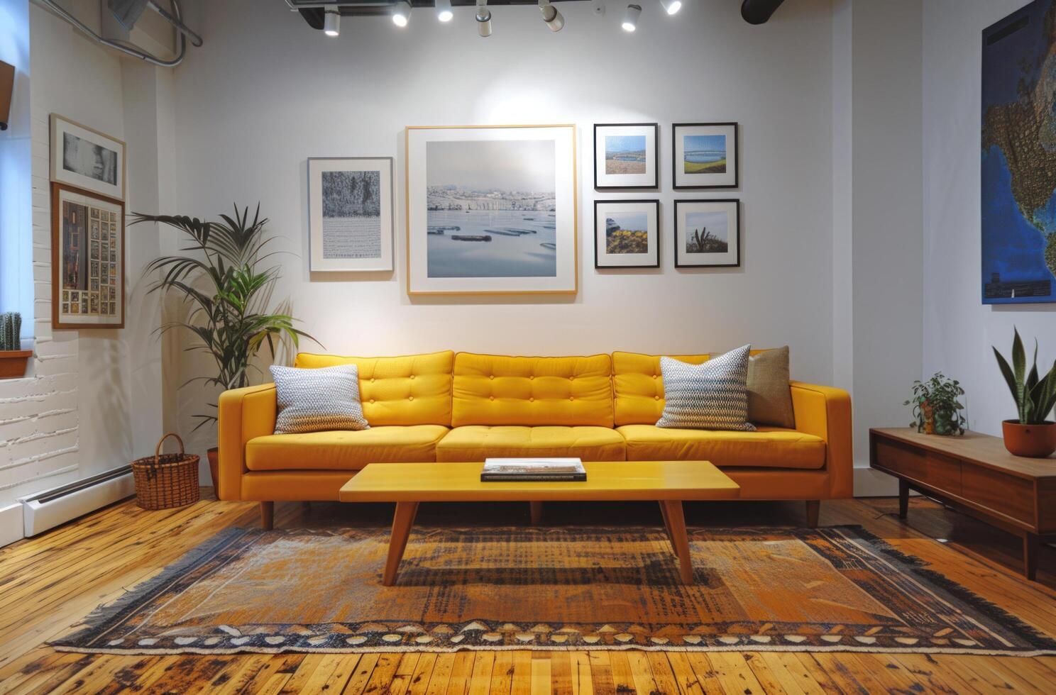 AI generated some photos on one wall next to a yellow couch