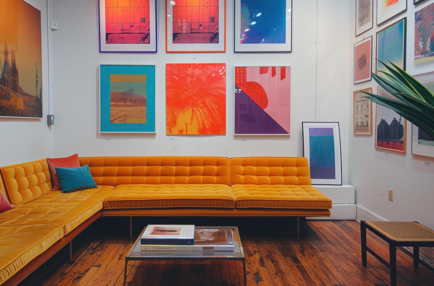 AI generated some photos on one wall next to a yellow couch