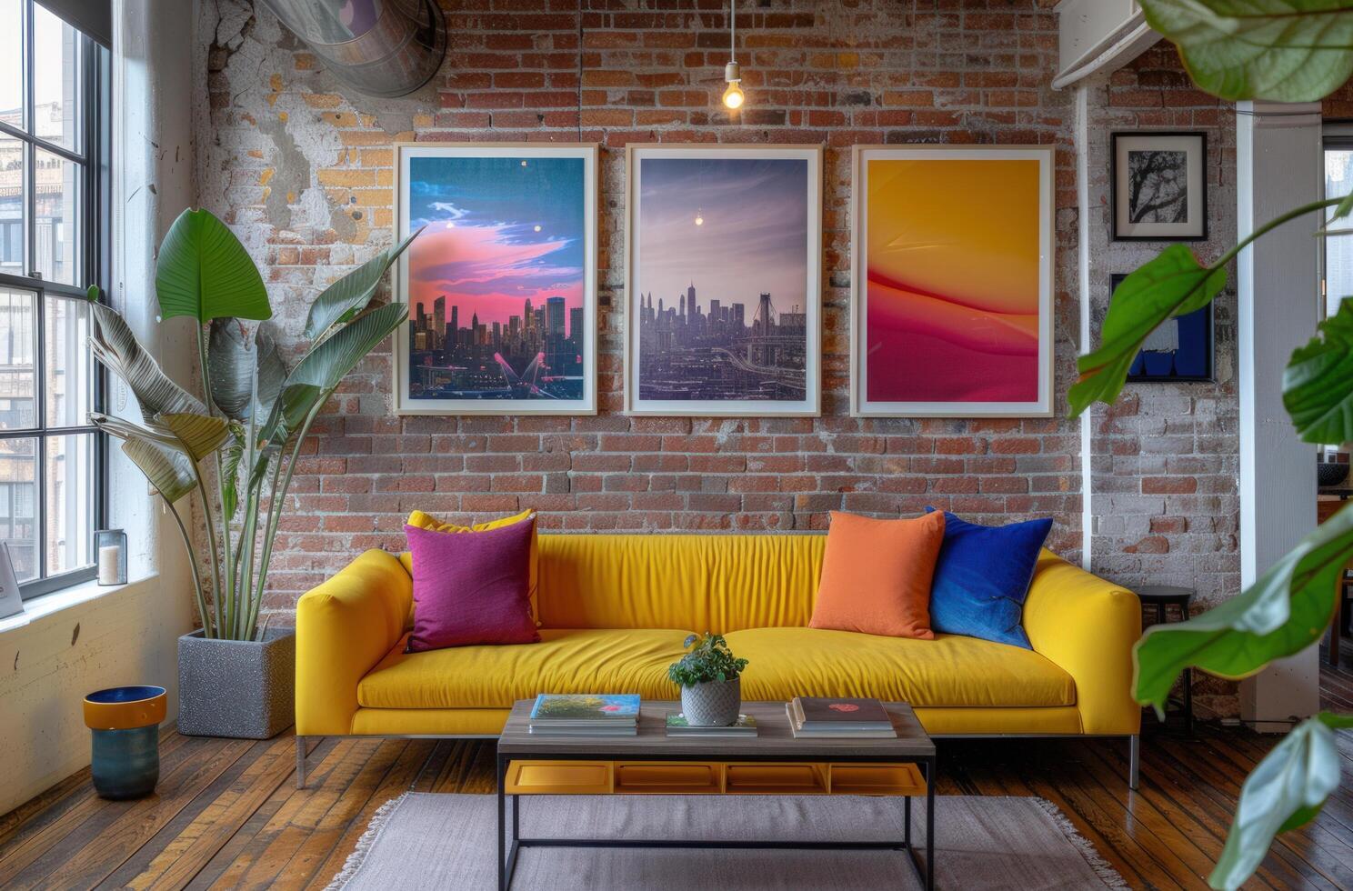 AI generated some photos on one wall next to a yellow couch