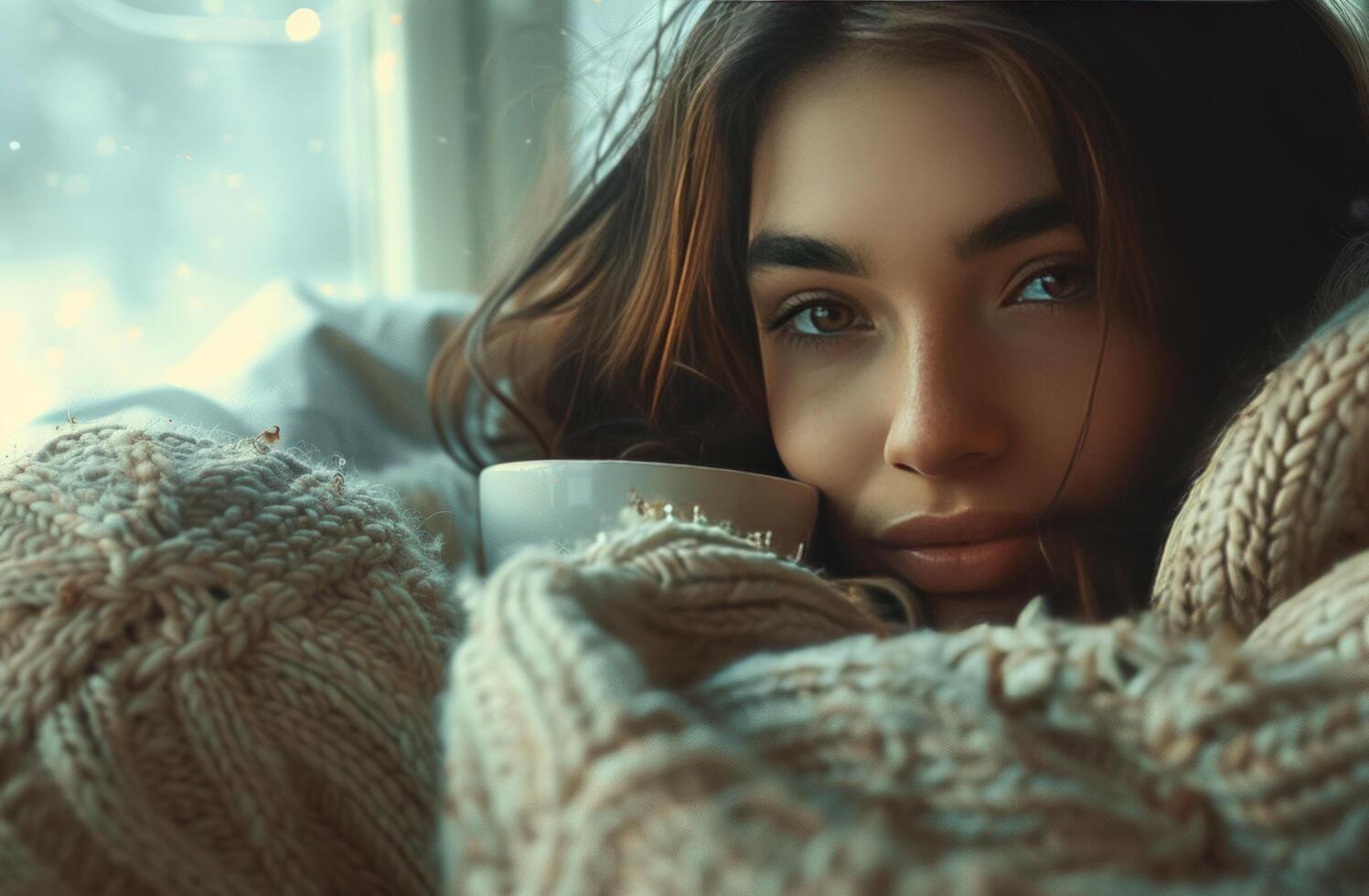 AI generated young woman in winter relaxing with a cup of coffee photo