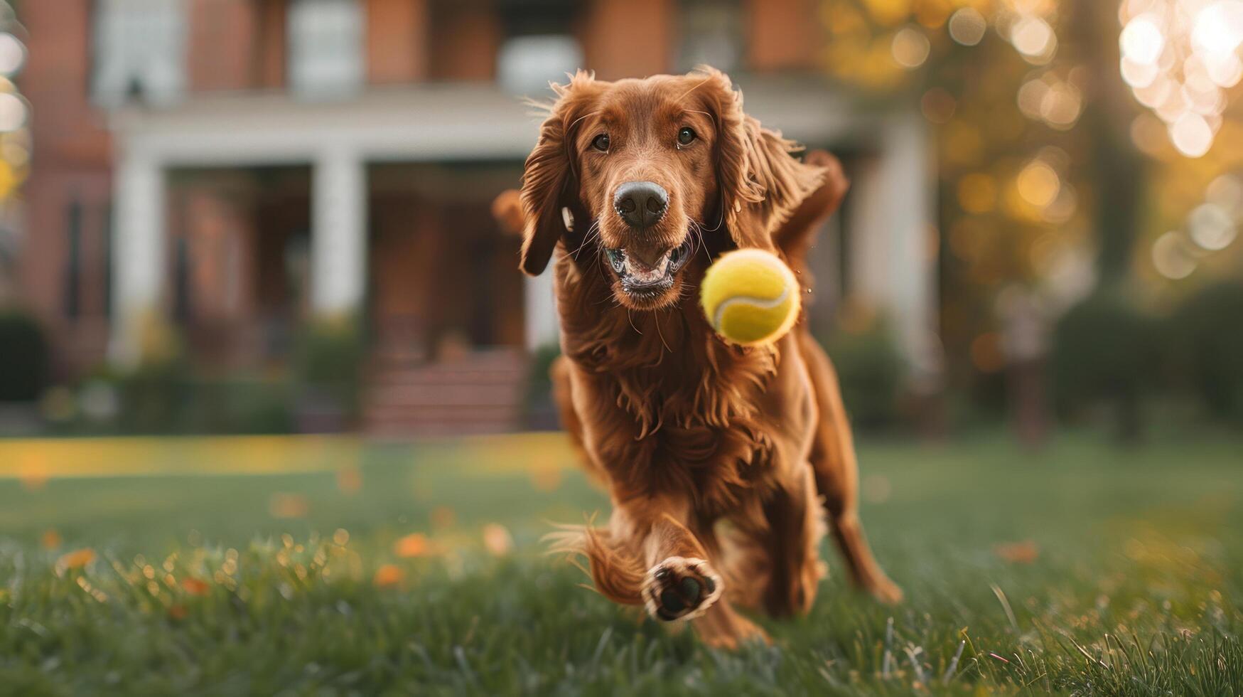 ai generado irlandesa setter jugando ir a buscar en el jardín foto