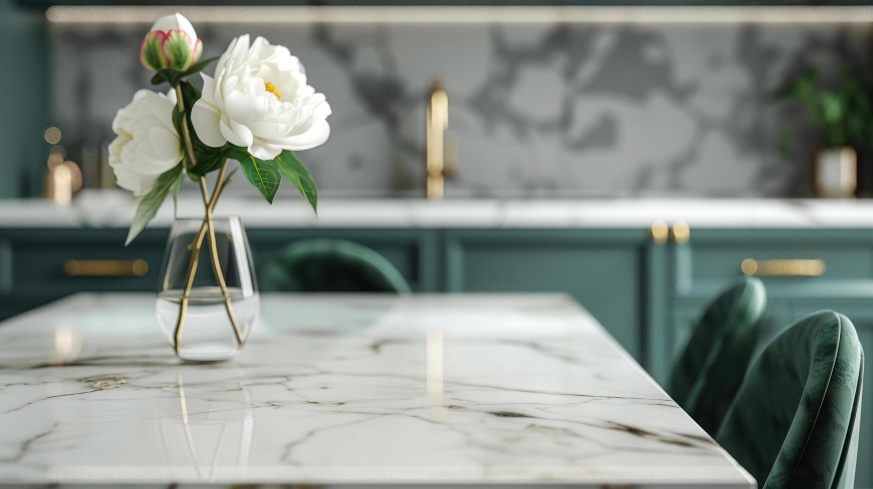 AI generated Elegant marble table with a delicate peony arrangement in a modern kitchen. photo