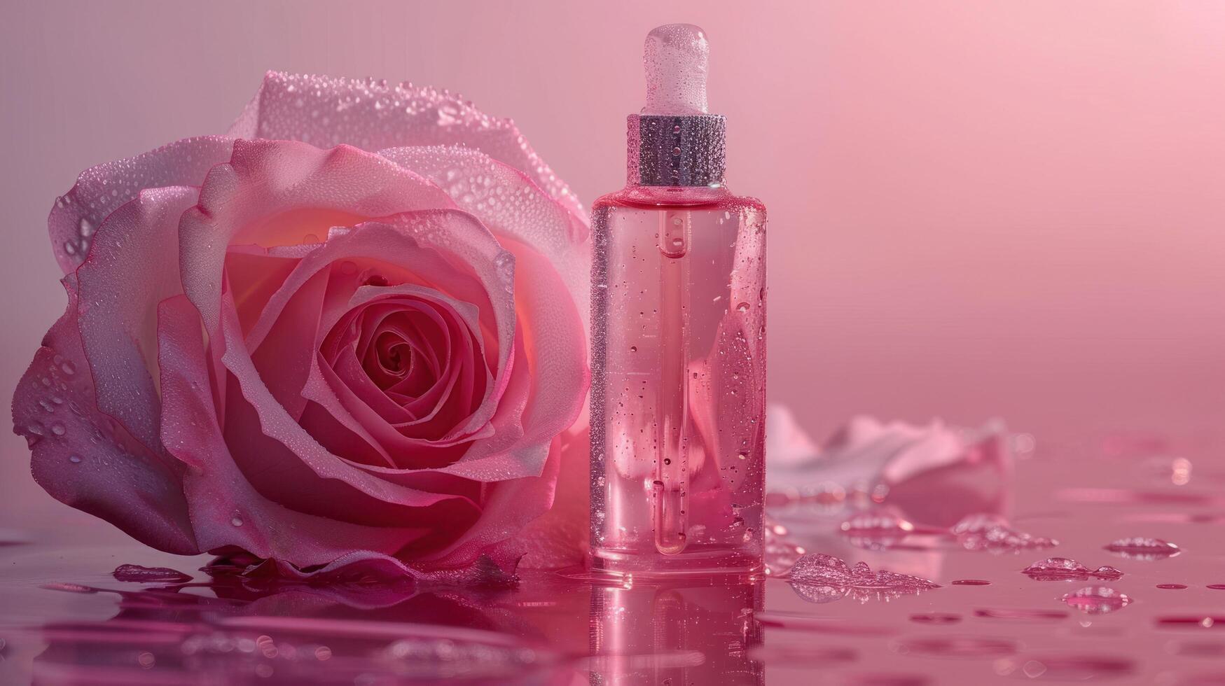 AI generated Serum Dropper Bottle with Pink Rose photo