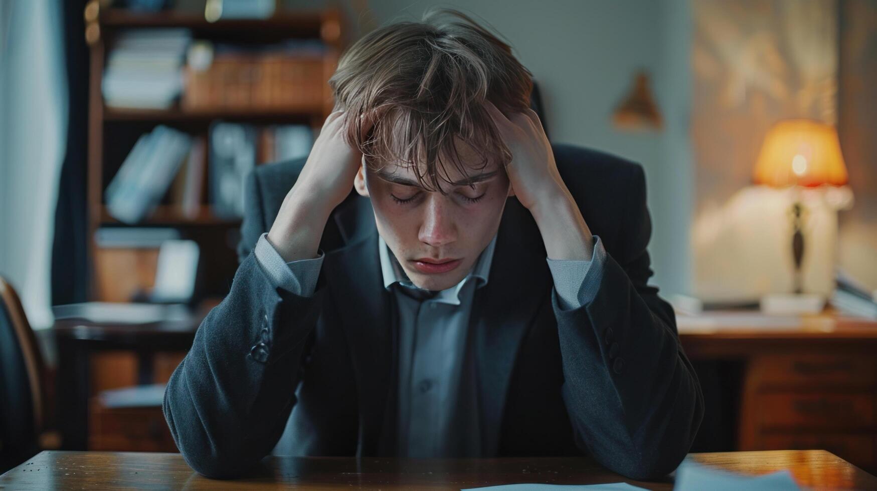 AI generated Stressed Businessman at Desk photo