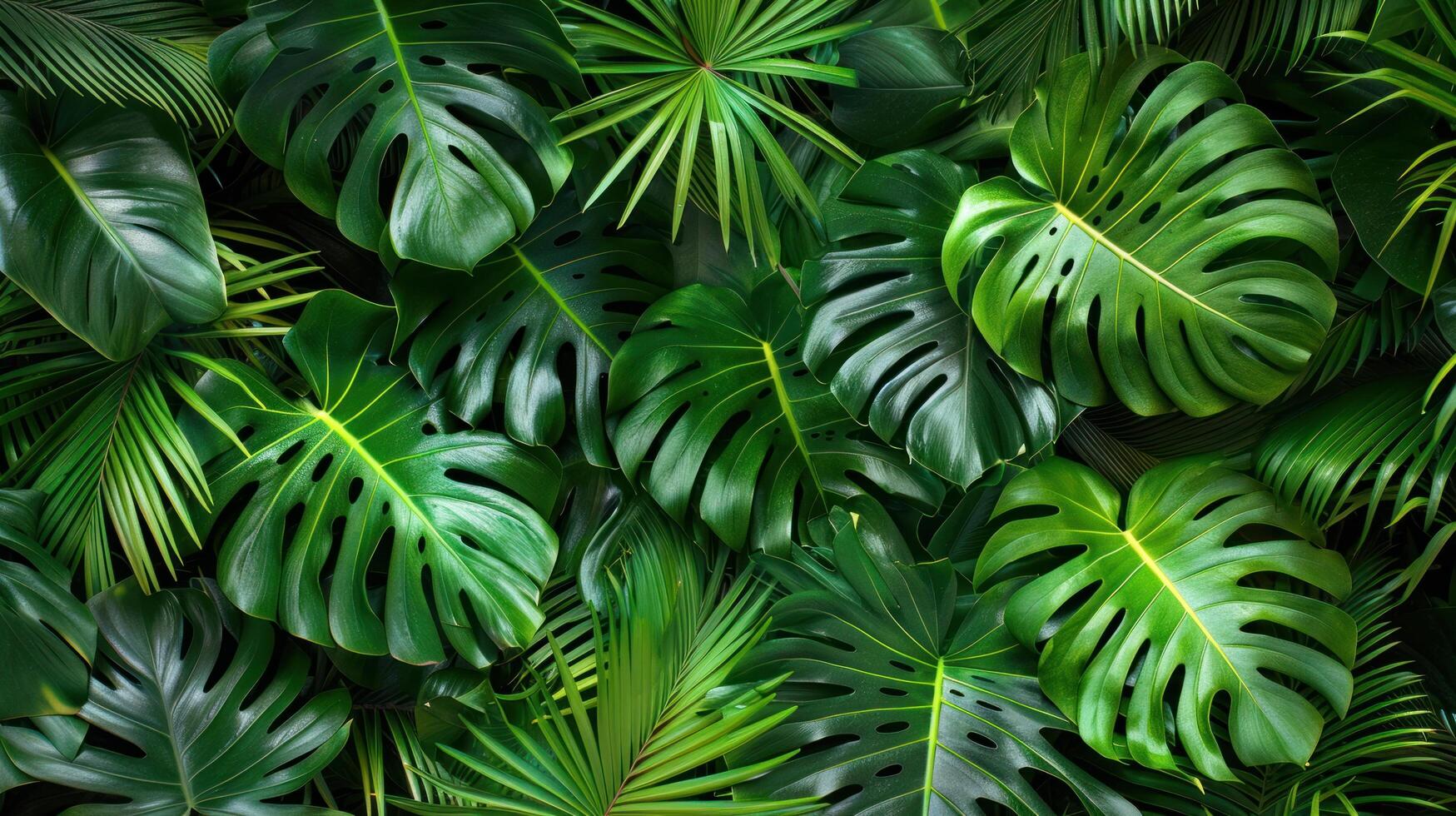 AI generated Abstract background of green palm leaves, flat lay photo