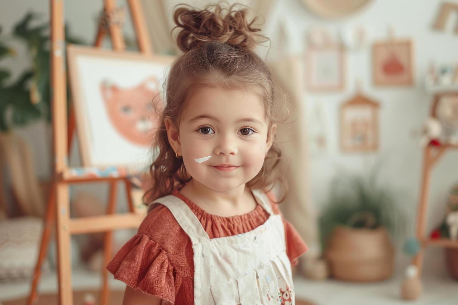 AI generated An eight-year-old girl paints on an easel in her bright, modern nursery. She has her hair in a high ponytail photo