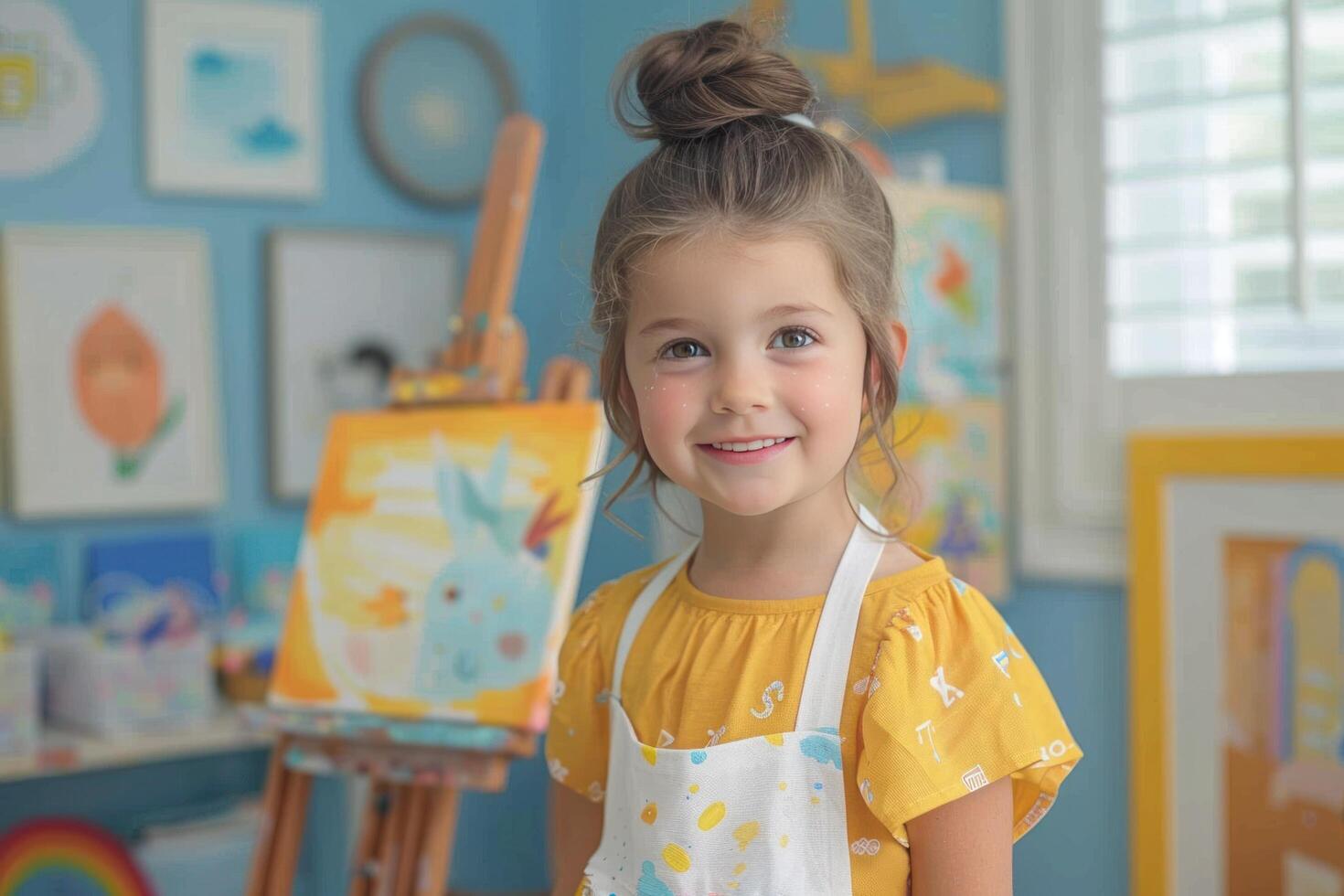 AI generated An eight-year-old girl paints on an easel in her bright, modern nursery. She has her hair in a high ponytail photo