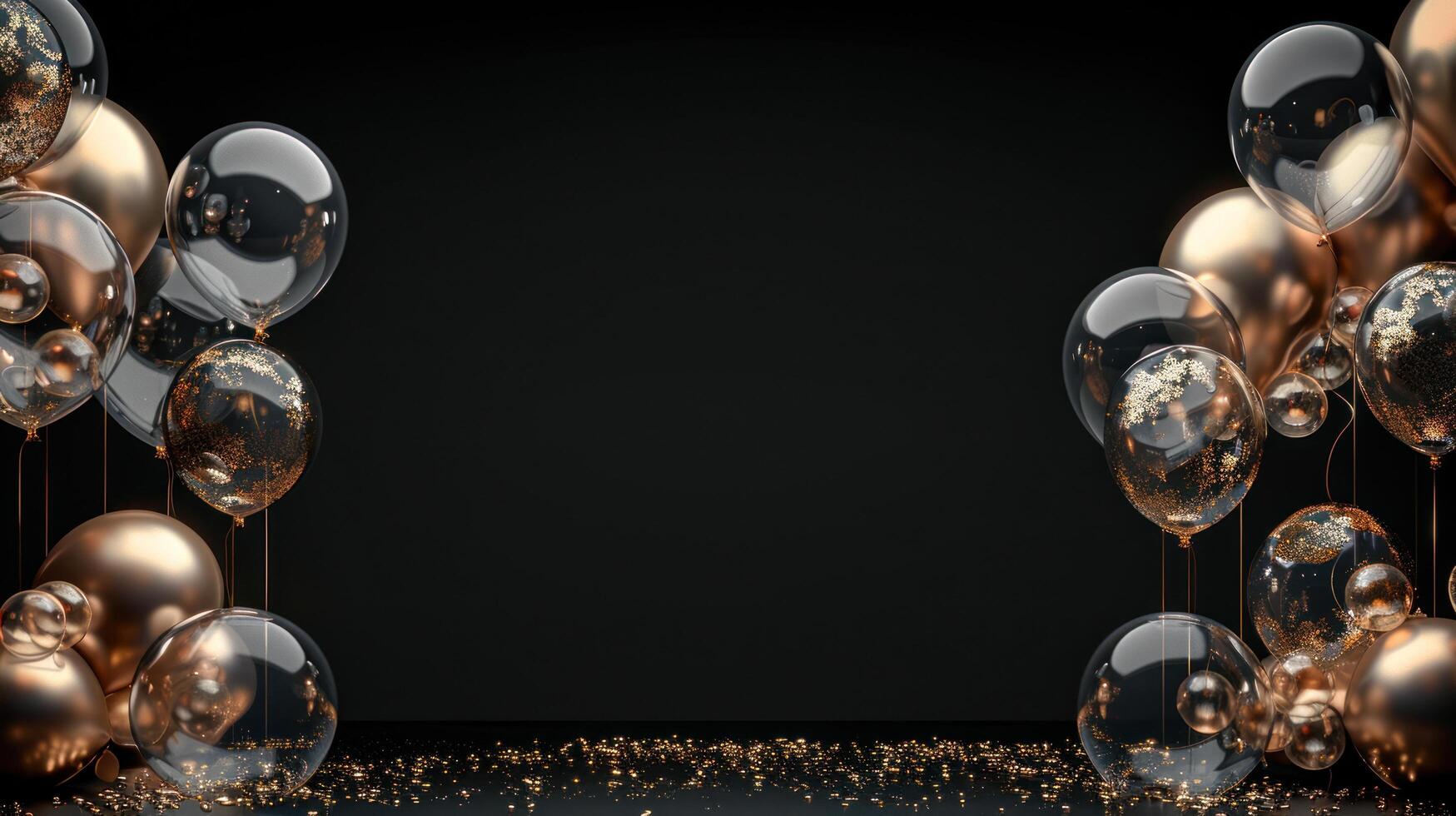 AI generated Beautiful festive minimalistic black background with gold and clear balloons on the sides photo