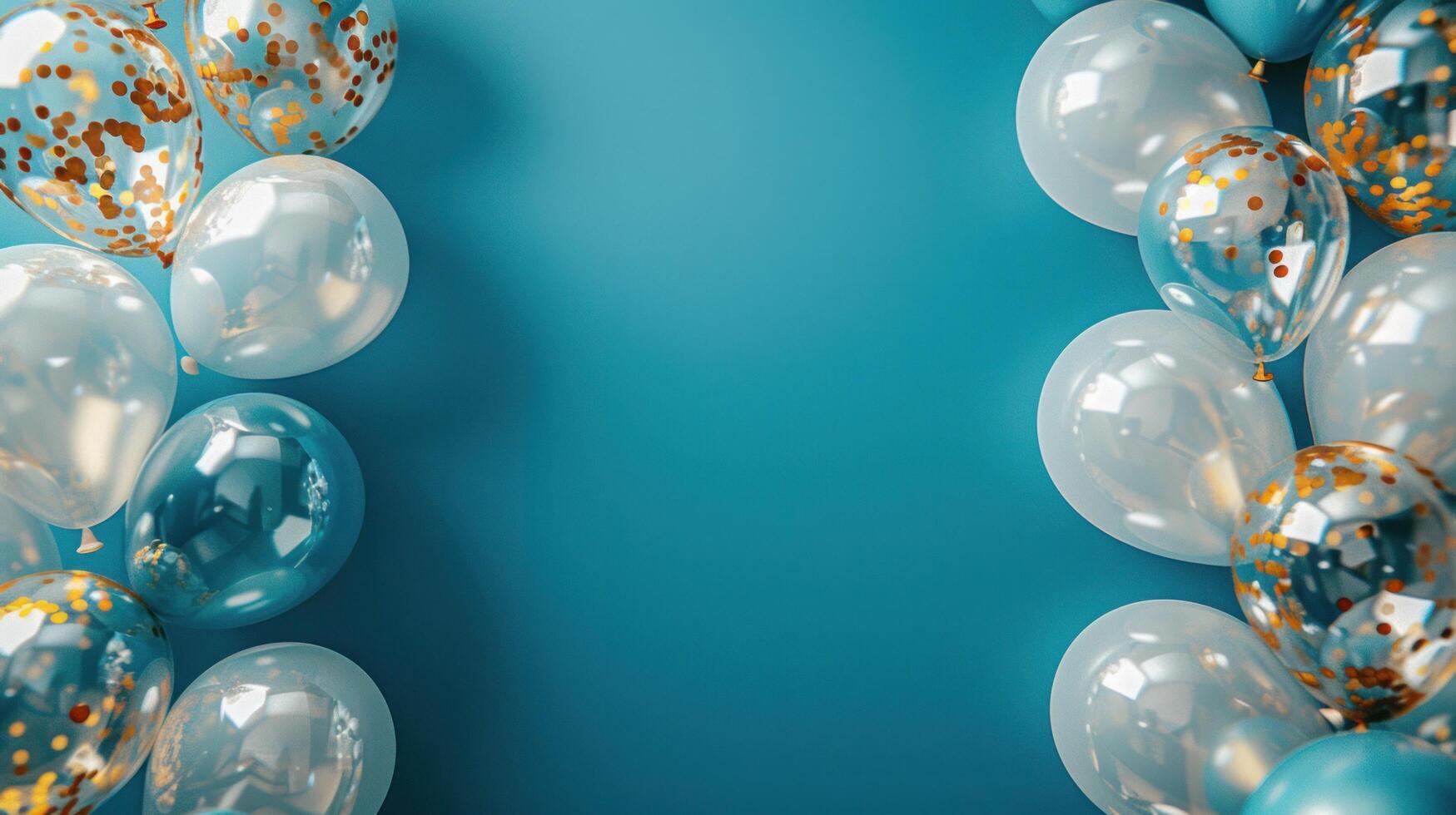 AI generated Beautiful festive minimalistic blue background with gold and clear balloons on the sides photo