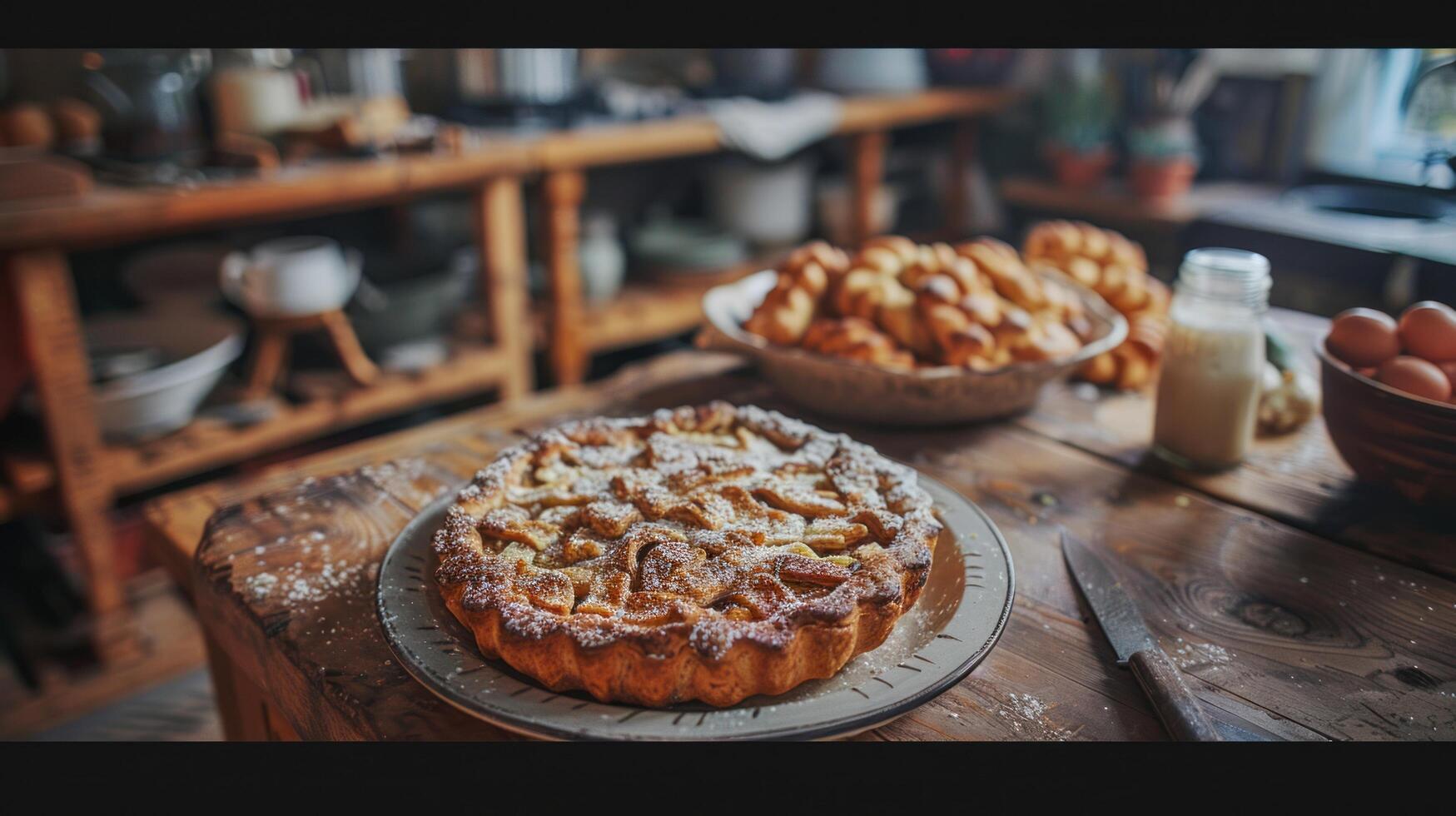 AI generated Beautiful tasty pies lie on a plate on a wooden table in a classic rustic kitchen photo