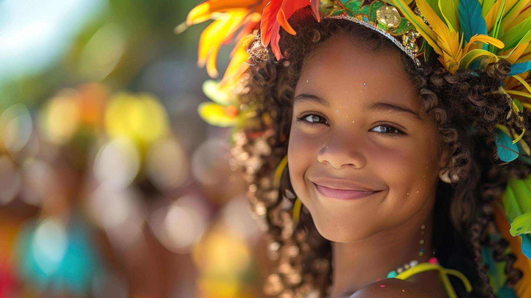 AI generated Beautiful young girl at the carnival in Rio de Janeiro with large copyspace area, offcenter composition photo