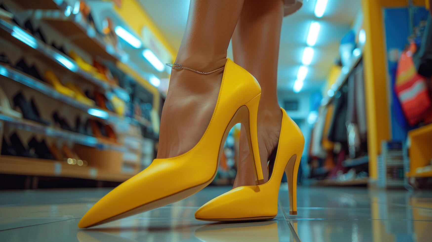 AI generated Beautiful young woman trying on yellow stiletto pumps in a store photo