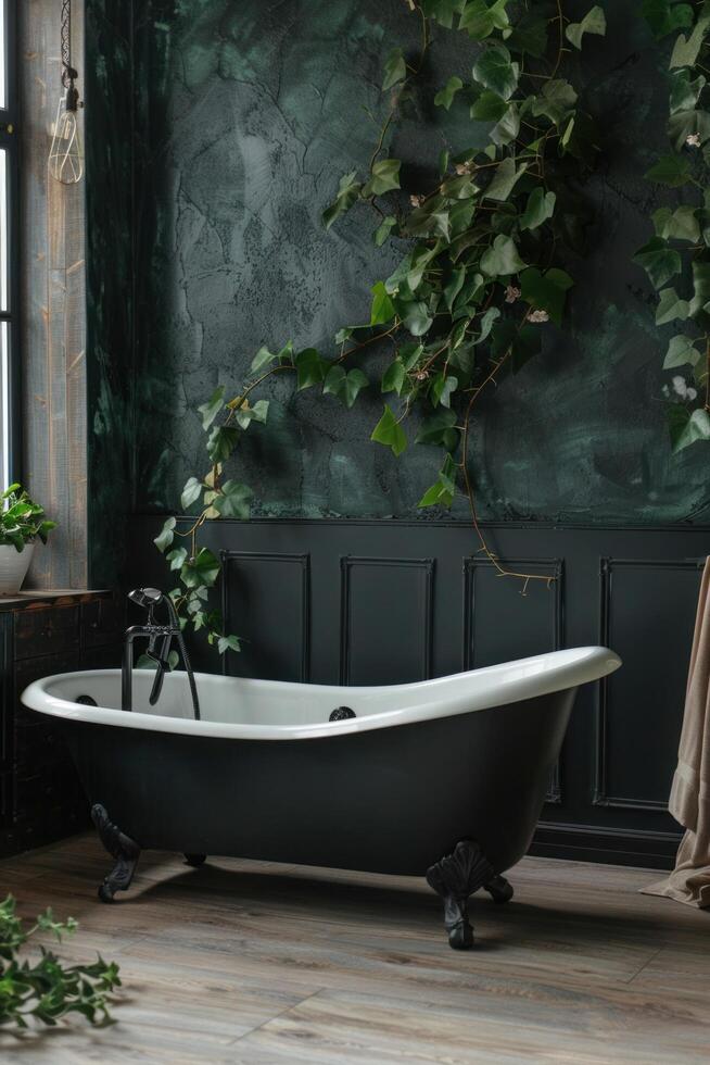 AI generated Beautifully modern dark bathroom interior in loft style. Dark green and black tones photo