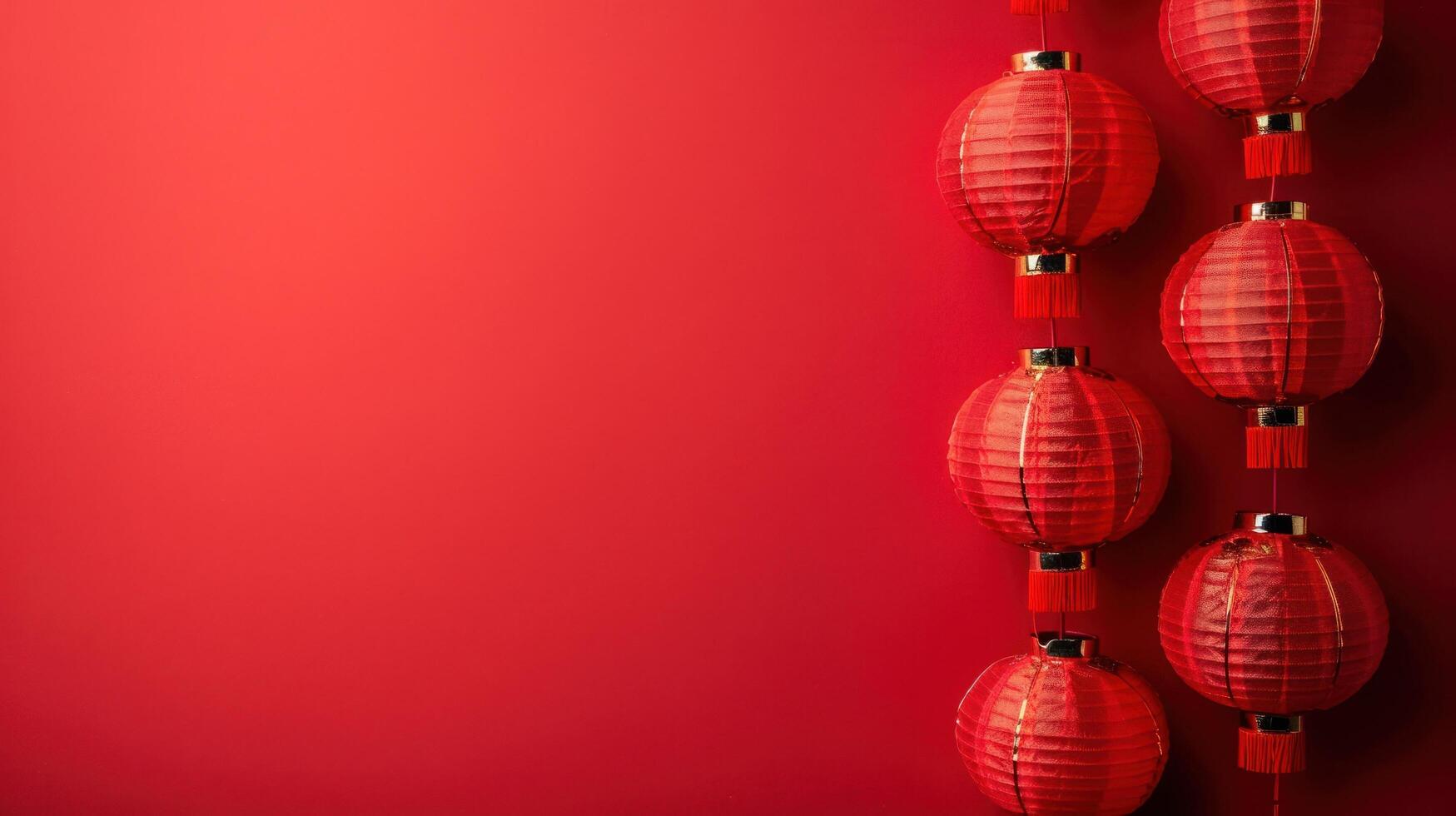 AI generated Chinese lanterns on a minimalistic red background. Lots of free space for text in the center photo