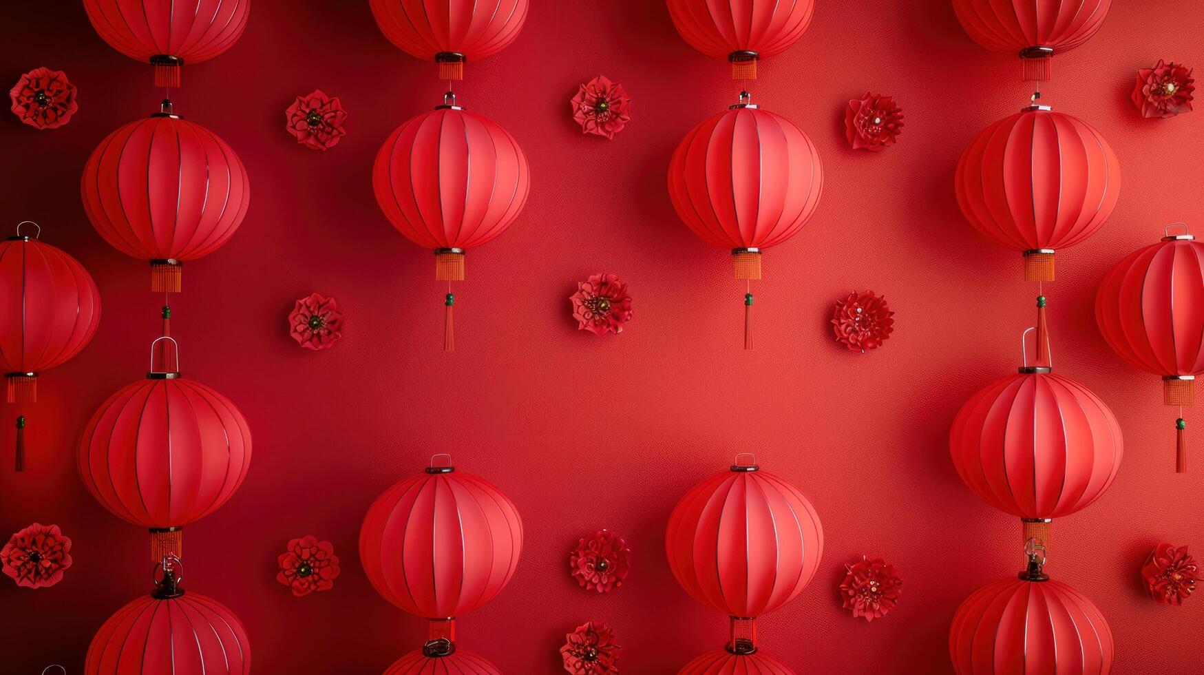 AI generated Chinese lanterns on a minimalistic red background. Lots of free space for text in the center photo