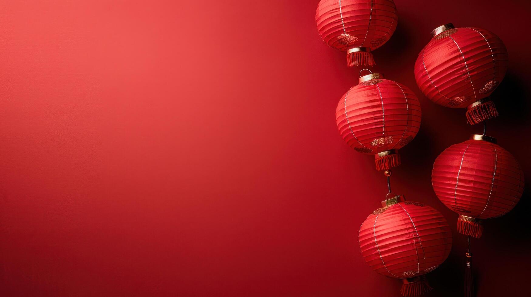 AI generated Chinese lanterns on a minimalistic red background. Lots of free space for text in the center photo