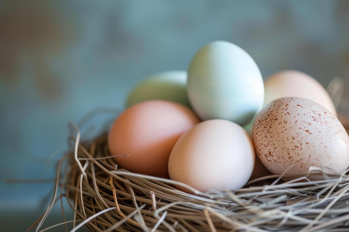 AI generated Delicate pastel-colored eggs are artfully arranged in a nest, symbolizing new life and the beauty of spring photo