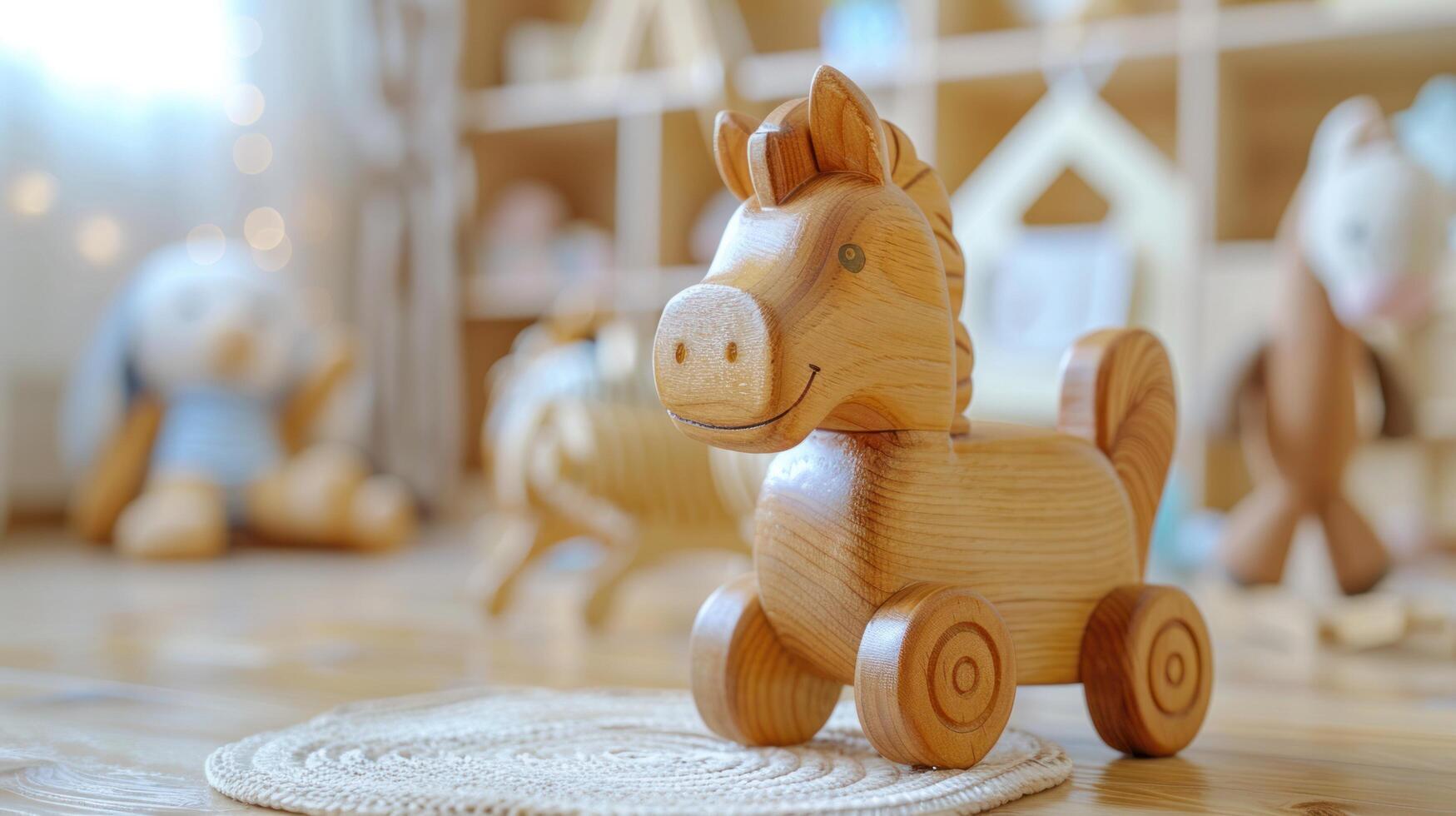 AI generated Wooden children's horse gurney close-up against the background of a blurry children's light room photo