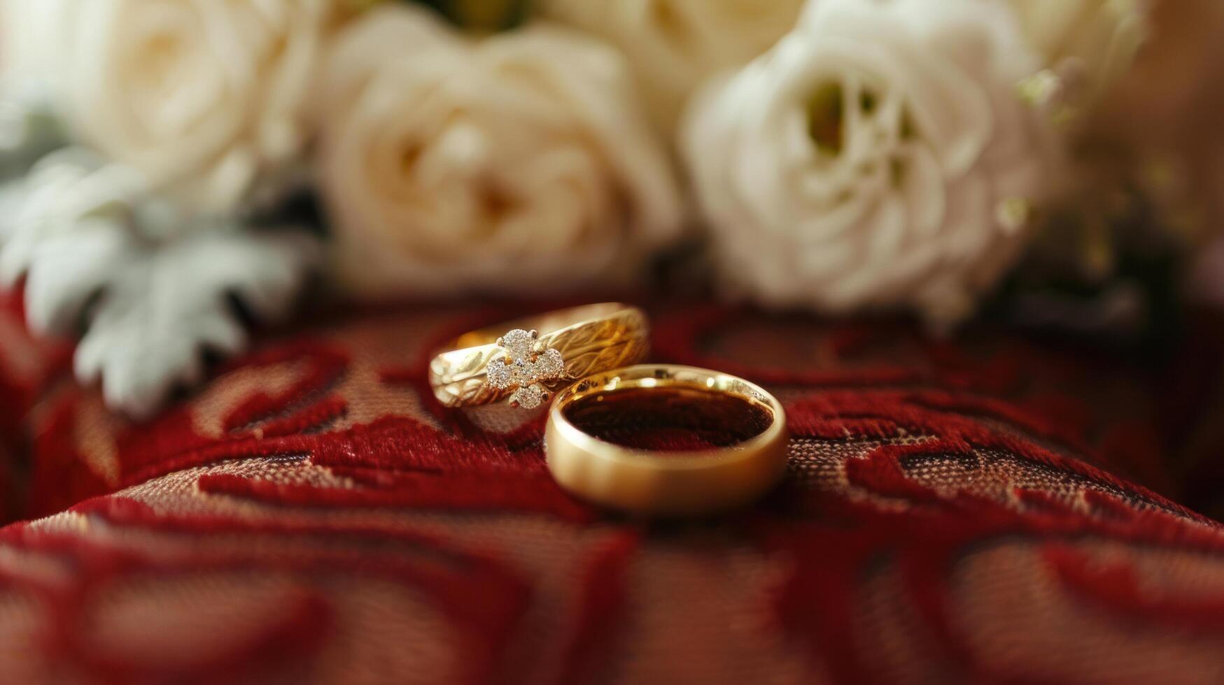 AI generated Two gold wedding rings lie on a red velvet cushion on the table. Around wedding bouquets of white flowers photo