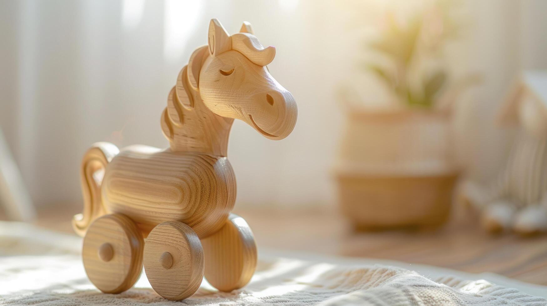 AI generated Wooden children's horse gurney close-up against the background of a blurry children's light room photo