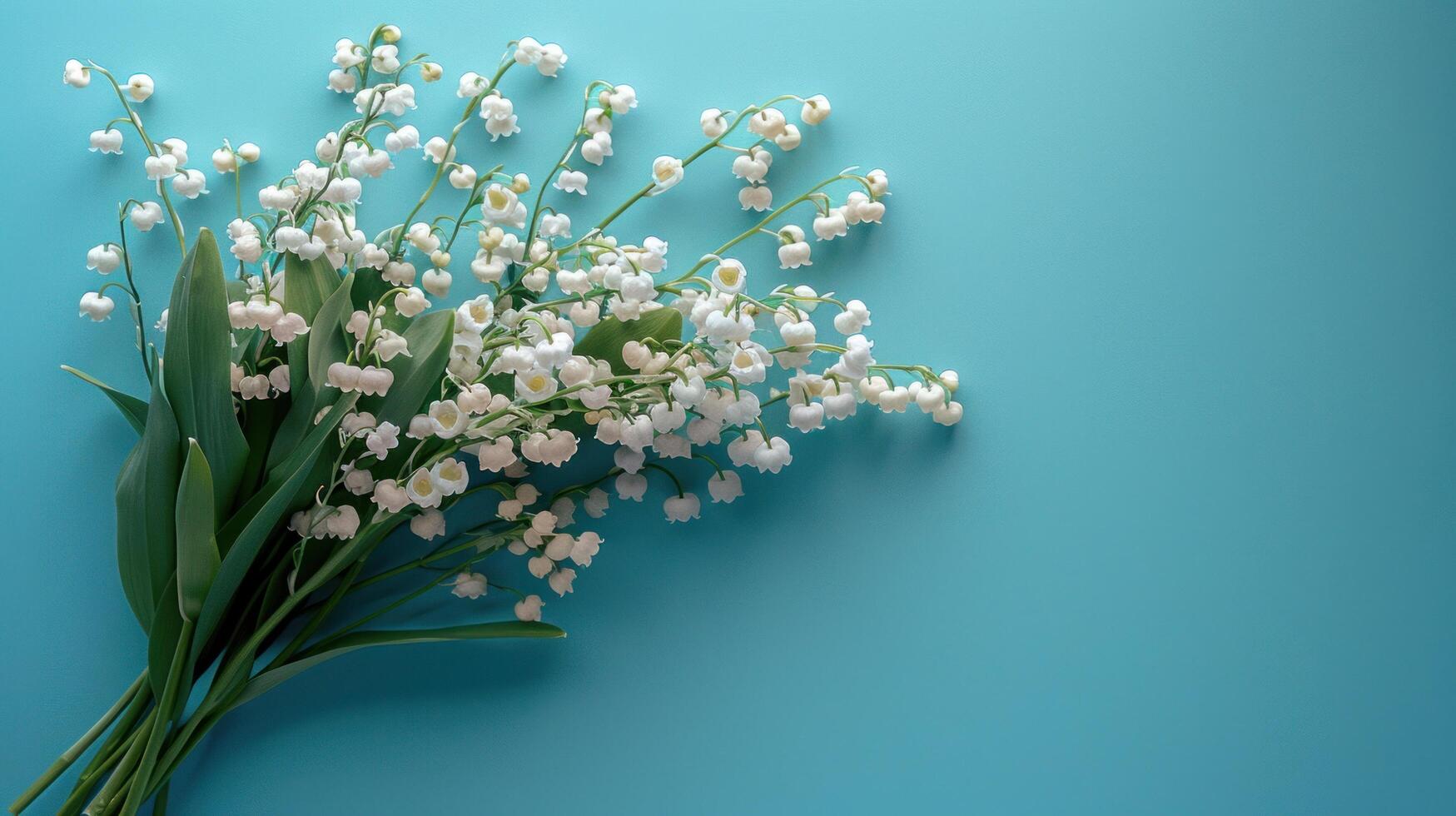 AI generated A beautiful bouquet of White lilies of the valley lies on the left on a blue minimalistic pastel background photo