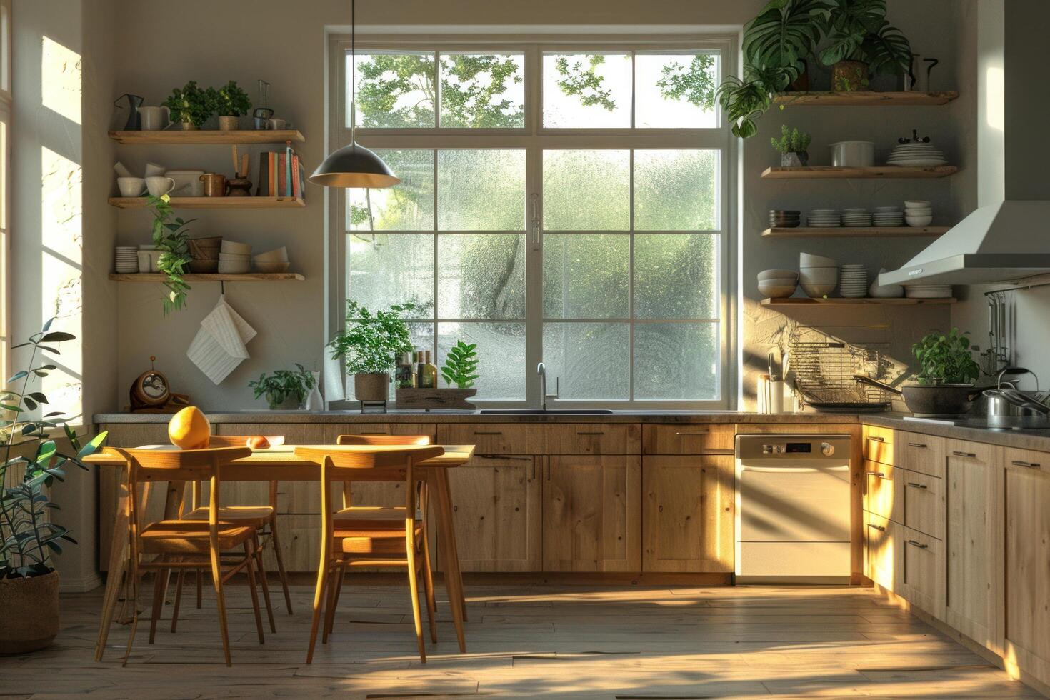 ai generado un minimalista moderno cocina con de madera comida sillas y ventana foto