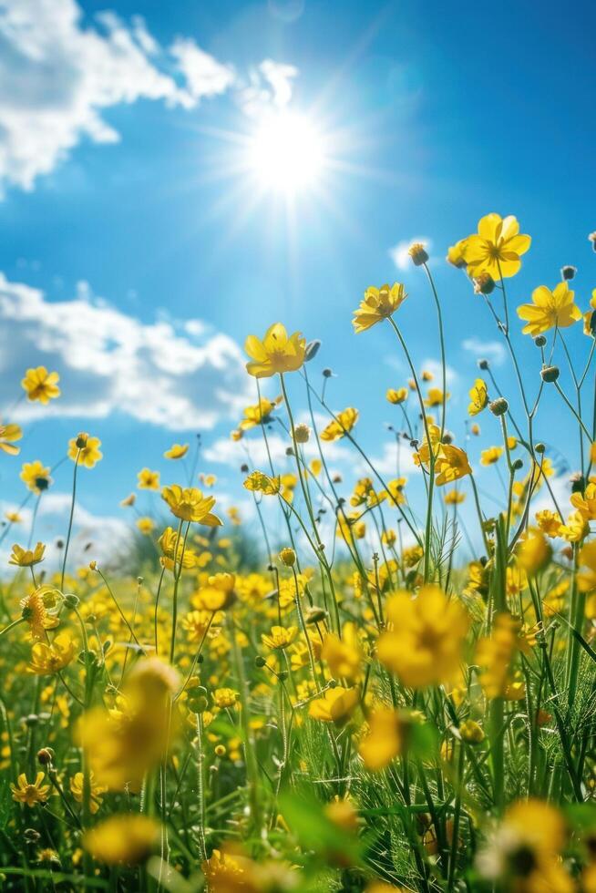 AI generated A beautiful field with blooming rapeseed at sunny day. There are rapeseed flowers below and green grass on top of the sun photo