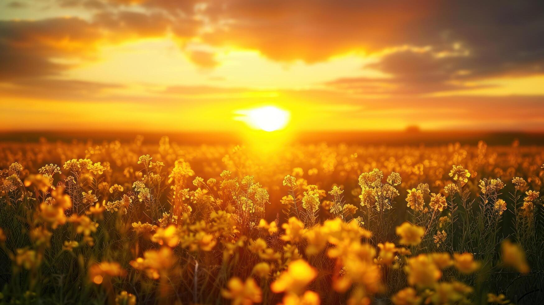 AI generated A beautiful field with blooming rapeseed at sunset. There are rapeseed flowers below and green grass on top of the sun photo