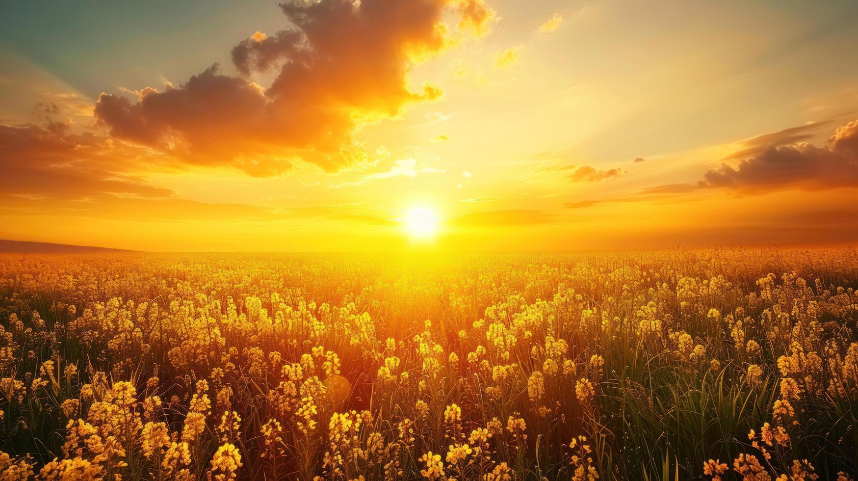 AI generated A beautiful field with blooming rapeseed at sunset. There are rapeseed flowers below and green grass on top of the sun photo