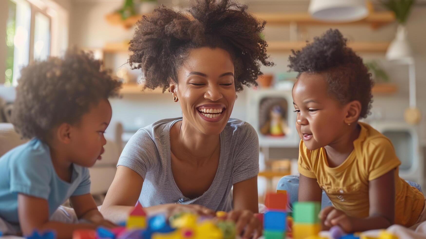 AI generated Joyful mother and child playing with toys photo