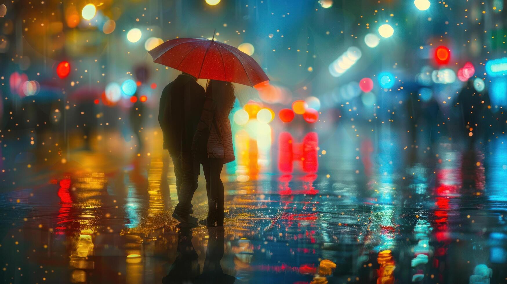 AI generated A pair under an umbrella, their reflections shimmering on rain-slicked streets, splashes of color from umbrellas photo