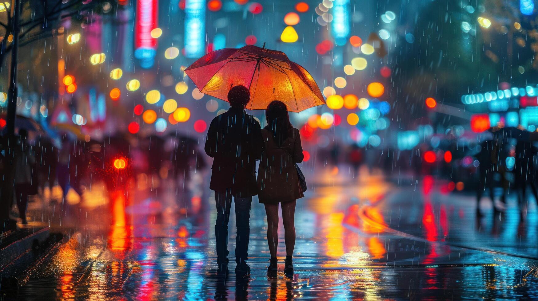 AI generated A pair under an umbrella, their reflections shimmering on rain-slicked streets, splashes of color from umbrellas photo