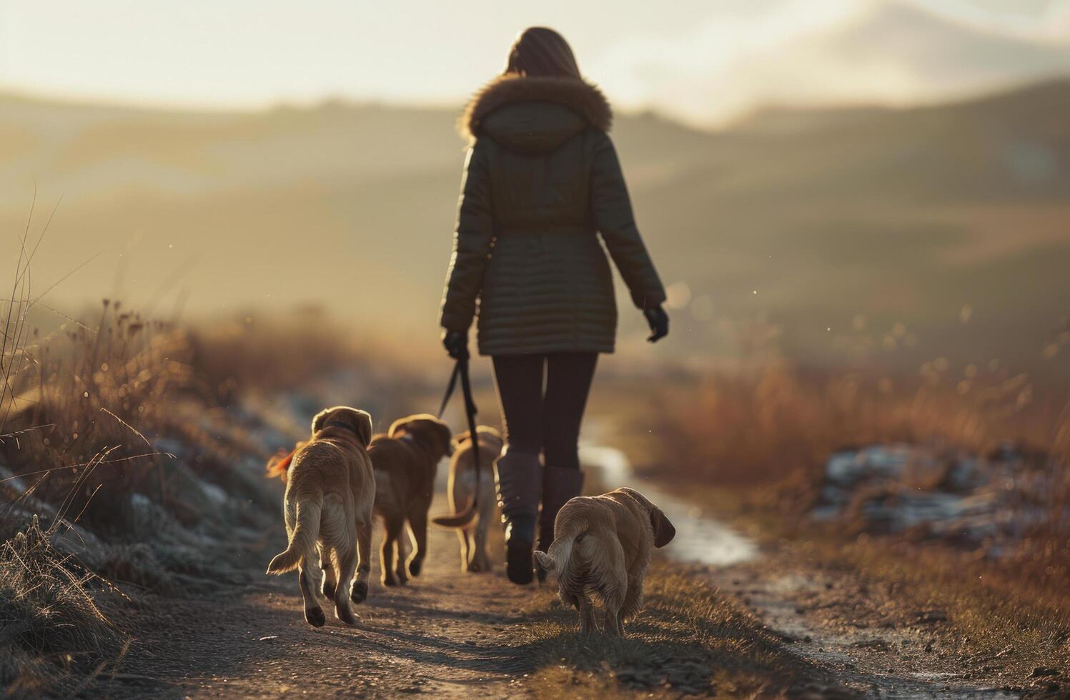 AI generated Serene dog walk at sunrise photo