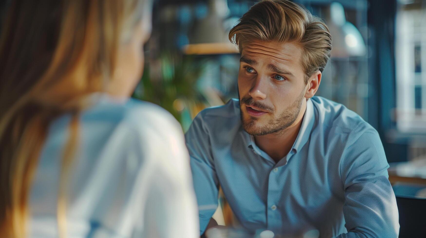 AI generated Attentive young man in conversation photo