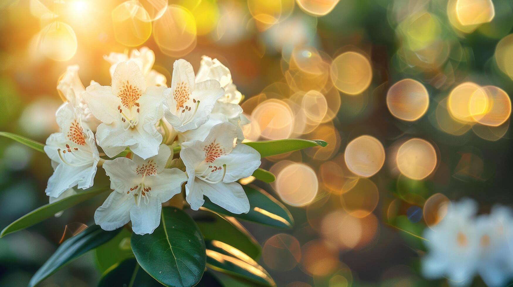 AI generated Beautiful bright background of a summer garden with a flowering white rhododendron bush photo