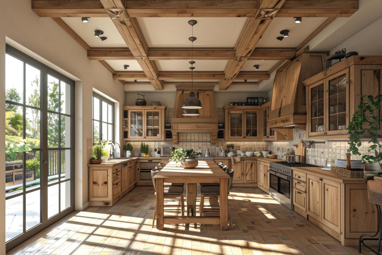 AI generated an open kitchen is shown varying wood grains, lively tableaus photo