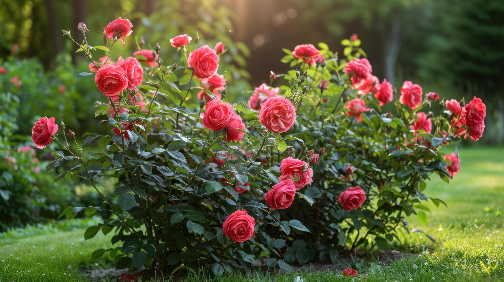 AI generated Beautiful bright background of a summer garden with a flowering rose bush photo
