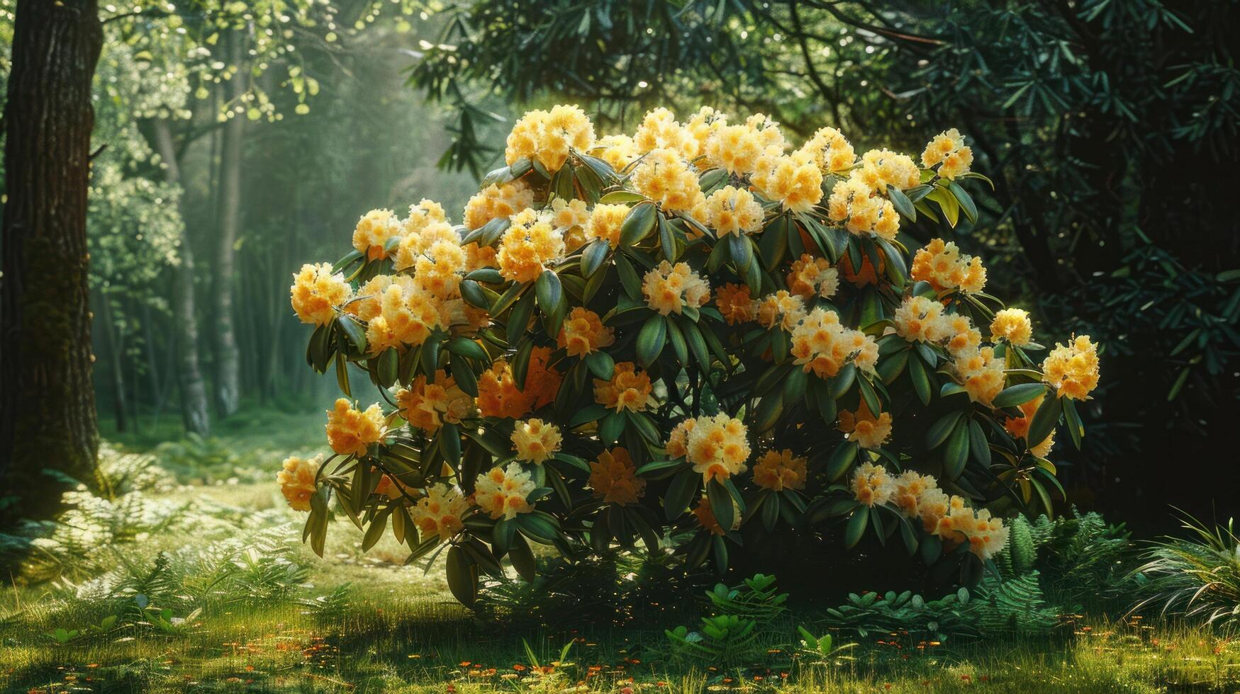 ai generado hermosa brillante antecedentes de un verano jardín con un floración amarillo rododendro arbusto foto