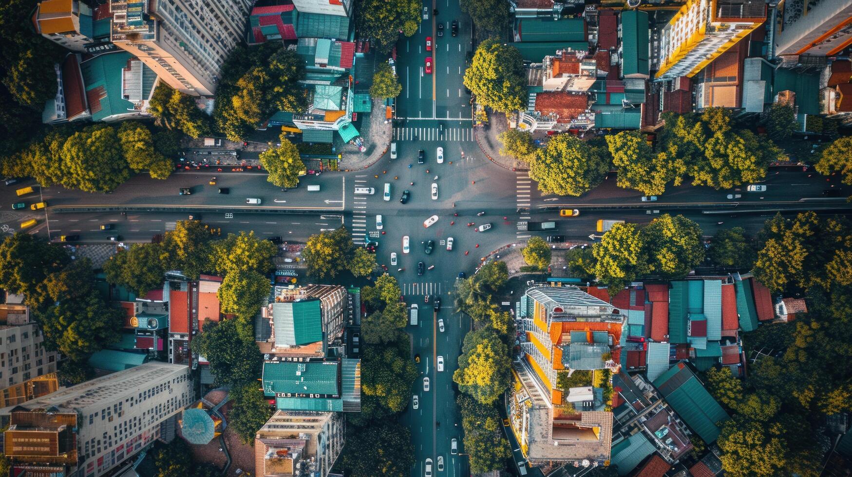 ai generado dinámica aéreo ver de un bullicioso urbano paisaje, capturado desde un alto ventaja punto foto