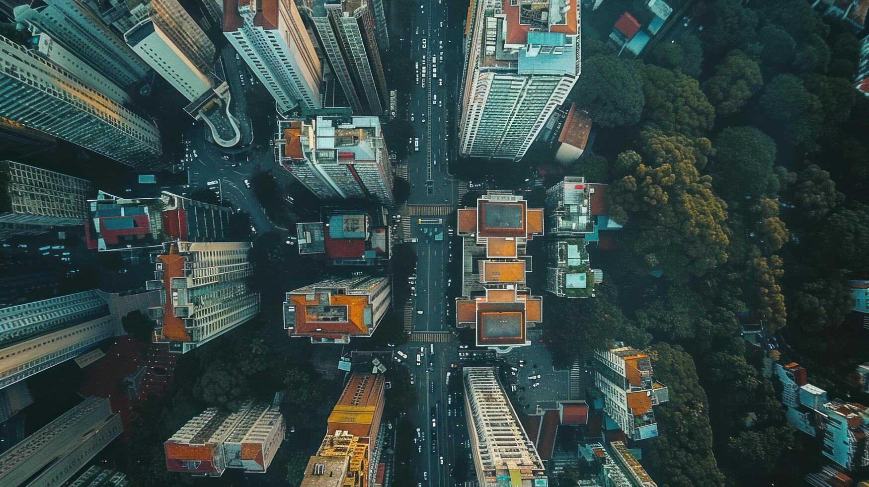 ai generado dinámica aéreo ver de un bullicioso urbano paisaje, capturado desde un alto ventaja punto foto