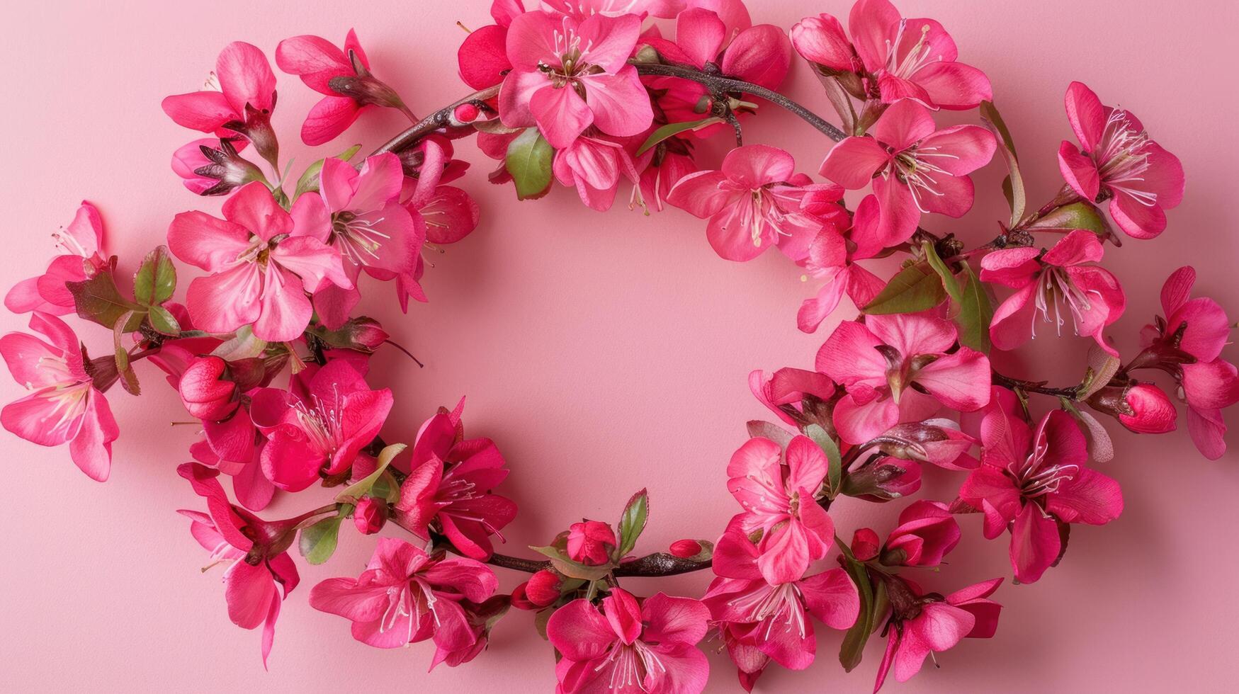 ai generado flores composición. guirnalda hecho de rosado flores en rosado antecedentes foto